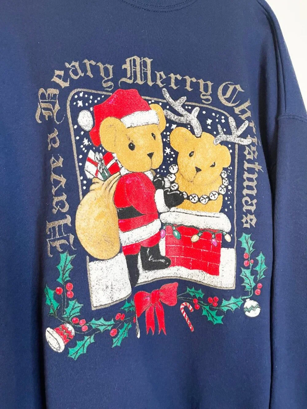 India Ink Christmas Bear Sweatshirt Navy Blue Women's One Size Vintage Holiday
